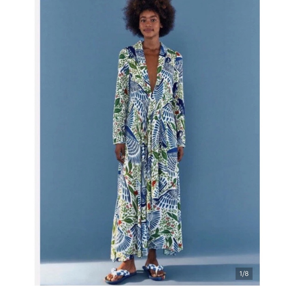 Farm Rio NWT Off-White Macaw Flight Maxi Dress Tropical Bird Print Long Sleeve L - Picture 16 of 16